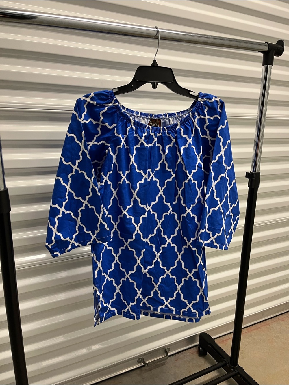 Blue Boho Moroccan Tile Tunic Top Size L 100% Cotton USA Made Haley